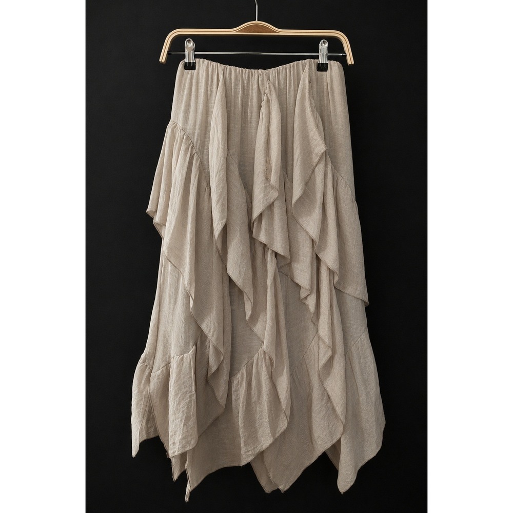 NWT Boho Fairycore Taupe Layered Ruffle Handkerchief Hem Midi Skirt Size S Gauze